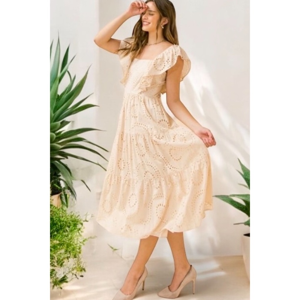 Flying Tomato Natural Beige Cotton Eyelet Midi Dress with Back Bow Tie - Picture 6 of 11